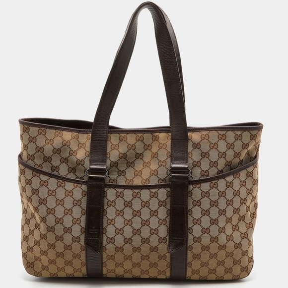 🤎🔹️ GUCCI 🔹️vintage canvas and laether signature GG large tote + COA - Picture 1 of 7